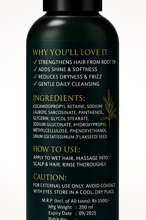 NirMadha Flaxseed Nourishing Shampoo – With Flaxseed Extract, Panthenol & Glycerin | Strength, Shine & Softness | Sulphate, Paraben & Silicone Free | 200 ml