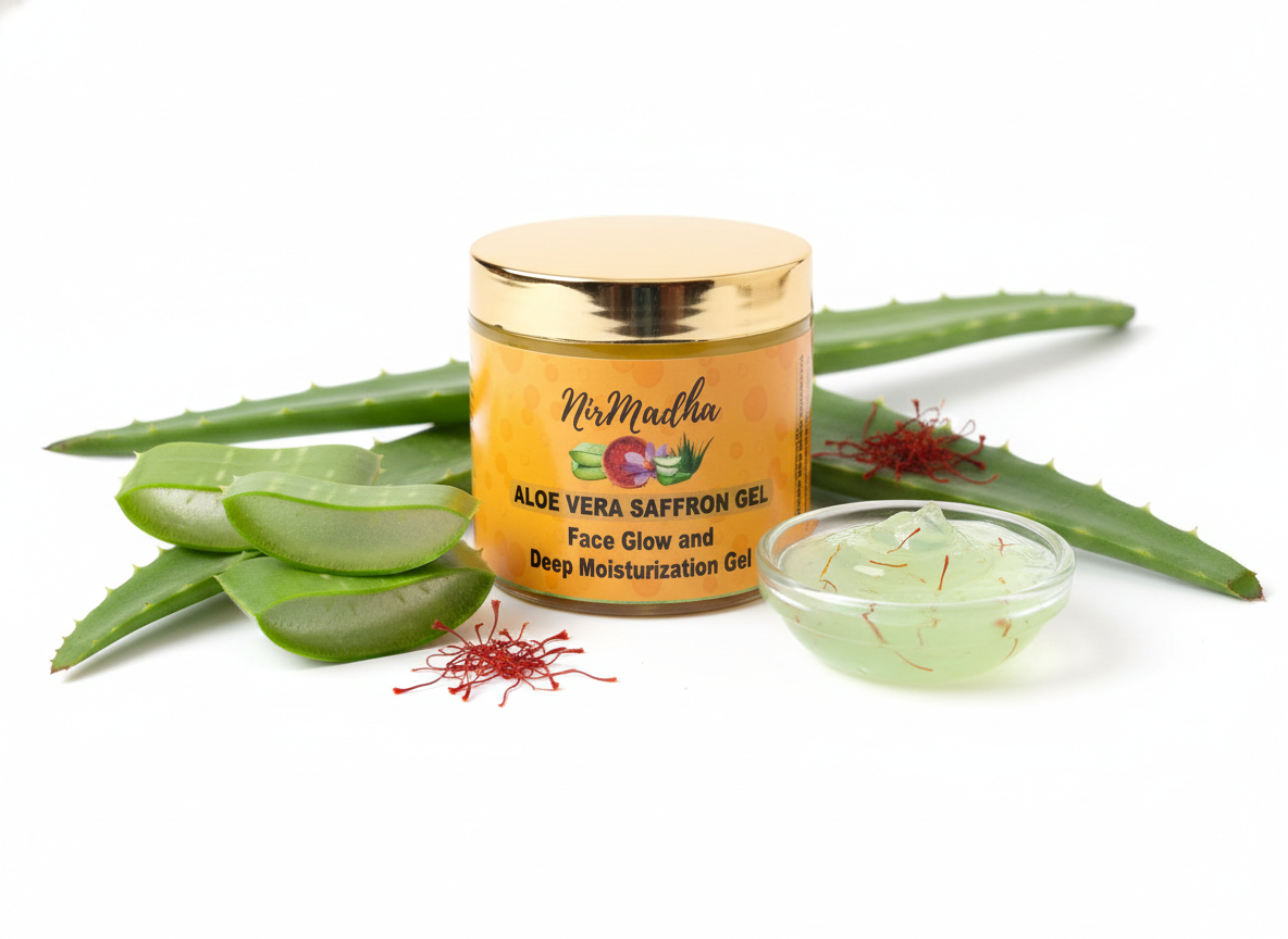 Nirmadha Aloe Vera Gel with Kesar for Face, Hair & Skin Care – Hydrating Moisturizer for Acne, Sunburn Relief & Glowing Skin – Lightweight Non-Sticky for All Skin Types