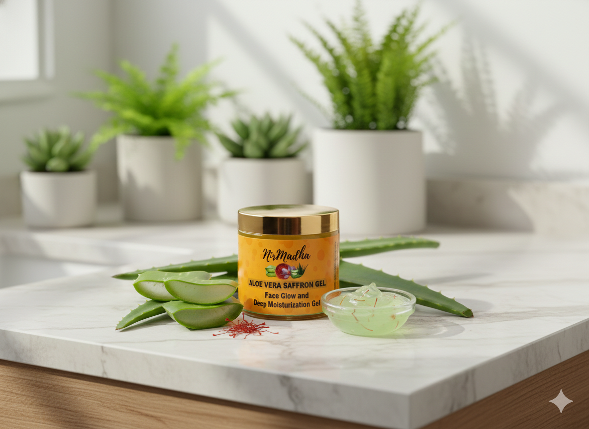 Nirmadha Aloe Vera Gel with Kesar for Face, Hair & Skin Care – Hydrating Moisturizer for Acne, Sunburn Relief & Glowing Skin – Lightweight Non-Sticky for All Skin Types