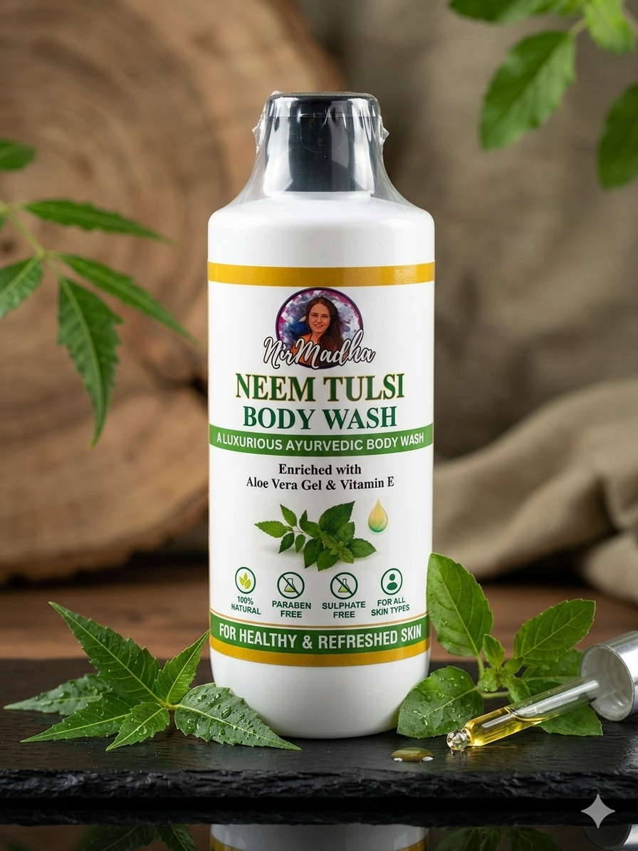 Nirmadha Neem Tulsi Body Wash | Ayurvedic Herbal Body Cleanser with Aloe Vera & Vitamin E | Paraben & Sulphate Free | For Healthy, Clear & Refreshed Skin (250ml)